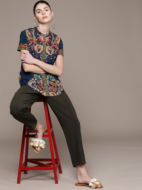 

Label Ritu Kumar Women Navy Blue & Green Printed Shirt Style Top