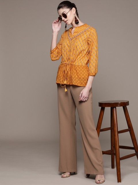

Label Ritu Kumar Women Mustard Yellow & Brown Printed Cinched Waist Pure Cotton Top