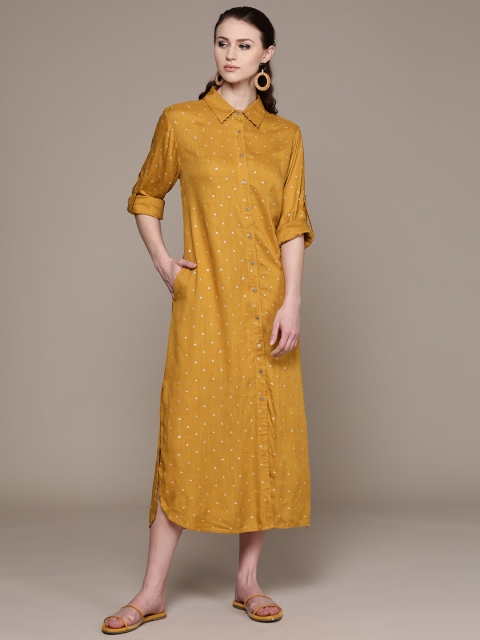 

Label Ritu Kumar Women Mustard Yellow Embellished Shirt Dress