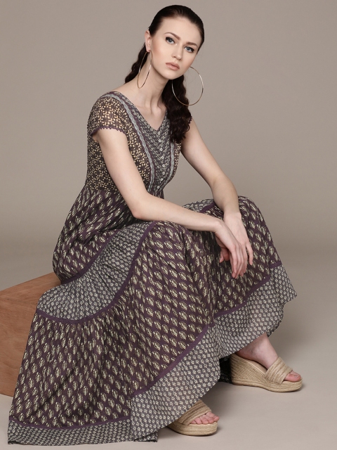 

Label Ritu Kumar Women Purple & Beige Tiered Printed Maxi Dress