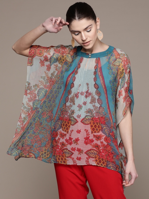 

Label Ritu Kumar Women Blue & Pink Semi Sheer Printed Kaftan Top With Camisole
