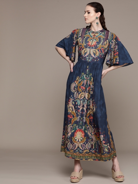 

Label Ritu Kumar Women Navy Blue & Beige Printed Maxi Dress