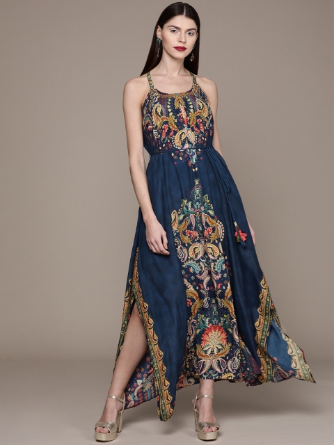 

Label Ritu Kumar Women Navy Blue & Green Printed Maxi Dress