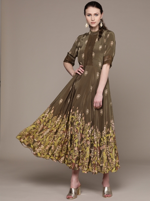 

Label Ritu Kumar Women Green & Peach-Coloured Printed Maxi Dress