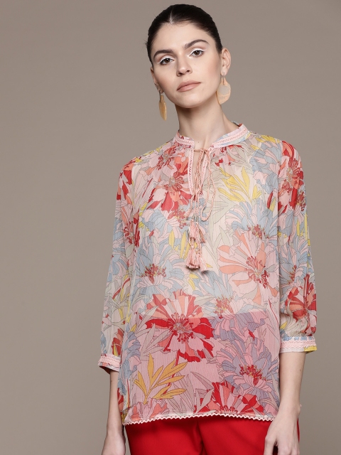 

Label Ritu Kumar Women Peach-Coloured & Blue Printed Top