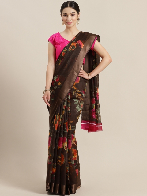 

Rajesh Silk Mills Coffee Brown & Pink Floral Printed Saree