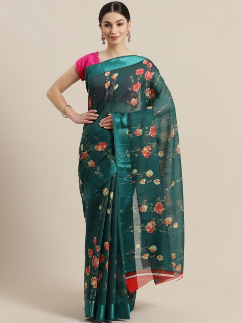 

Rajesh Silk Mills Green & Coral Red Floral Printed Saree