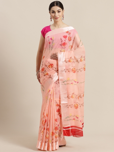 

Rajesh Silk Mills Peach-Coloured & Pink Floral Printed Saree