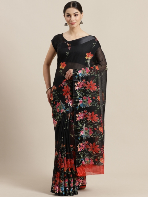 

Rajesh Silk Mills Black & Coral Red Floral Printed Saree