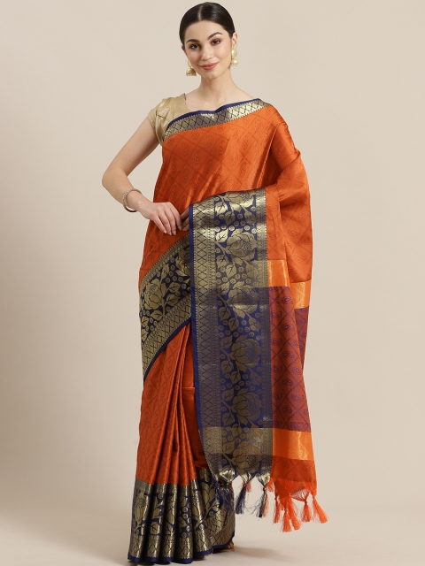 

Rajesh Silk Mills Rust Orange & Navy Blue Woven Design Saree