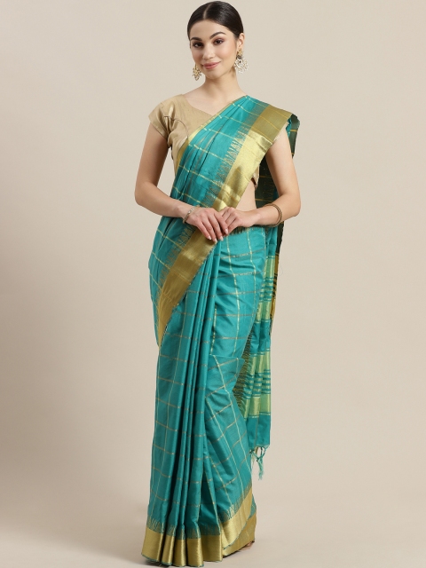 

Rajesh Silk Mills Teal Green & Golden Checked Saree