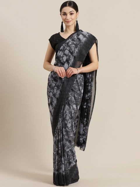 

Rajesh Silk Mills Charcoal Grey & Off White Floral Printed Saree