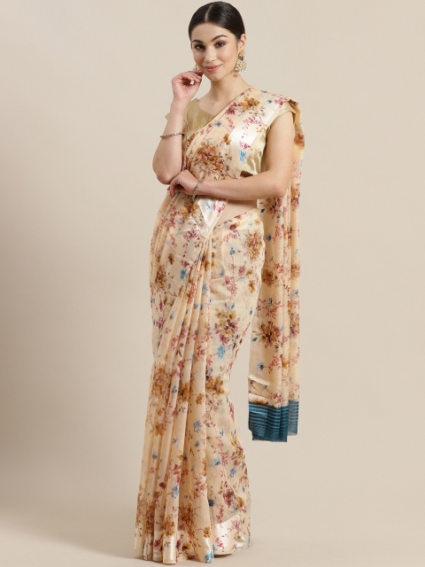 

Rajesh Silk Mills Beige & Mustard Brown Floral Printed Saree