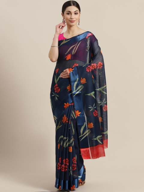 

Rajesh Silk Mills Navy Blue & Orange Floral Print Saree