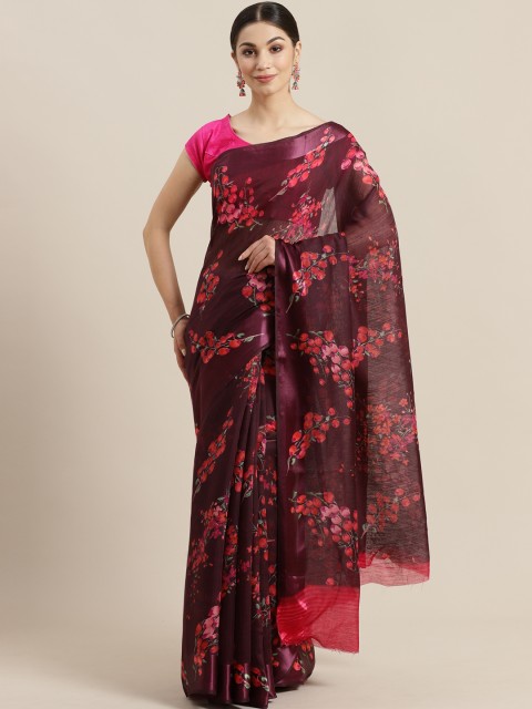 

Rajesh Silk Mills Burgundy & Coral Red Floral Print Saree