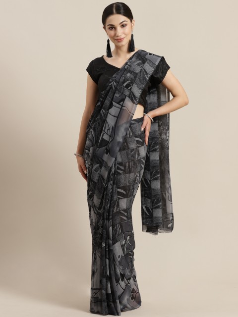 

Rajesh Silk Mills Charcoal Grey & Black Checked Saree