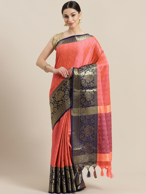 

Rajesh Silk Mills Coral Pink & Navy Blue Woven Design Saree