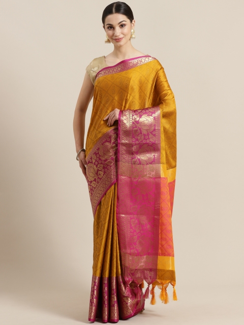 

Rajesh Silk Mills Mustard Yellow & Pink Woven Design Saree