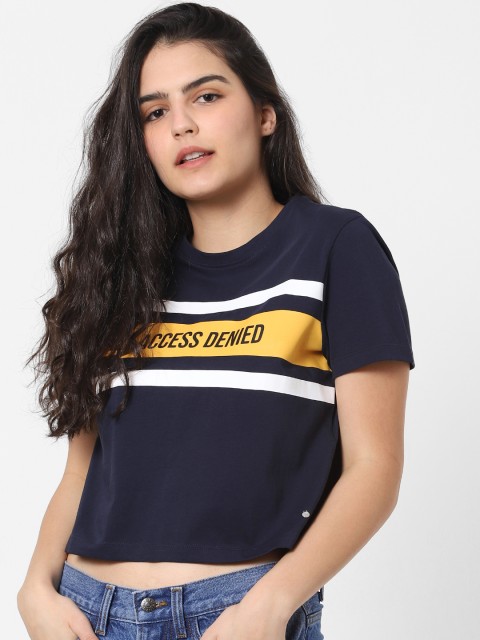 

ONLY Women Navy Blue Printed Round Neck Crop Pure Cotton T-shirt