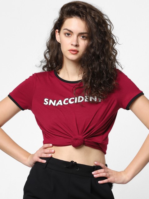 

ONLY Women Maroon Printed Round Neck T-shirt