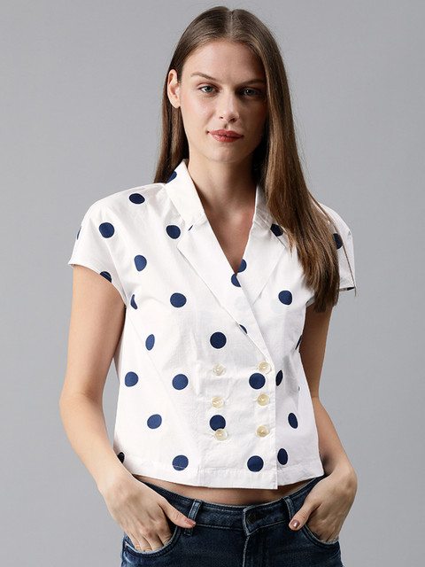 

ONLY Women White & Navy Blue Regular Fit Printed Double-Breasted Cuban Collar Casual Shirt