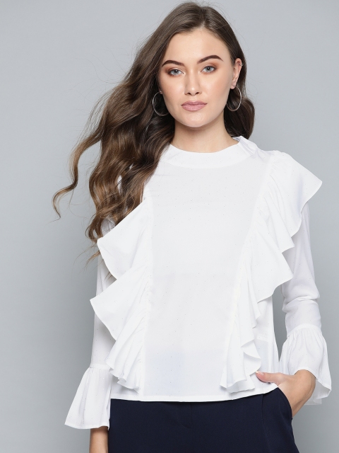 

VividArtsy Women White & Silver Printed Victorian Style Top