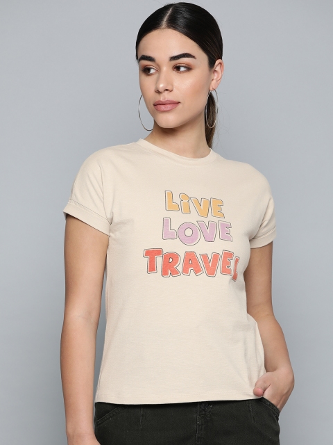 

VividArtsy Women Beige & Purple Printed Round Neck T-shirt