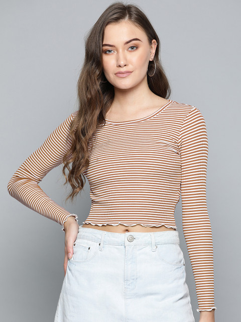 

VividArtsy Women Rust Red & White Striped Round Neck Crop T-shirt