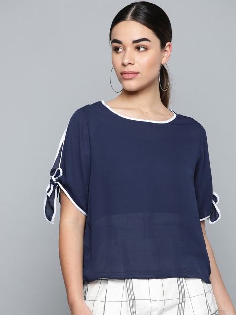 

VividArtsy Women Navy Blue Semi Sheer Solid Top