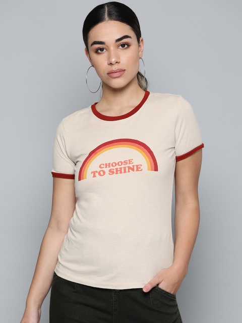 

VividArtsy Women Beige & Orange Printed Round Neck T-shirt