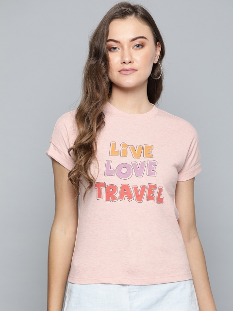 

VividArtsy Women Pink Printed Round Neck T-shirt