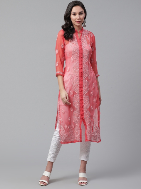 

Saadgi Women Red & Peach-Coloured Chikankari Embroidered Handloom Sheer Straight Kurta