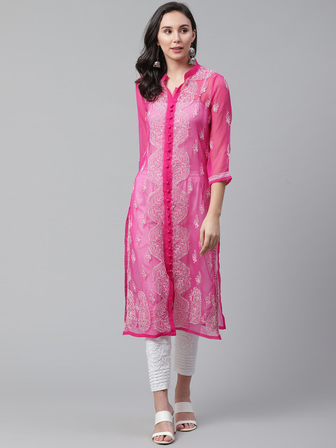 

Saadgi Women Pink Chikankari Embroidered Sheer Straight Kurta