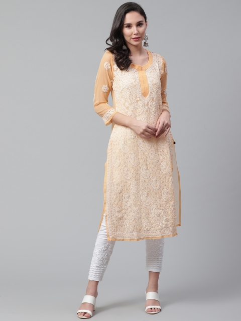 

Saadgi Women Orange & White Chikankari Embroidered Handloom Sheer Straight Kurta