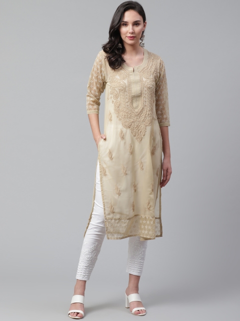 

Saadgi Women Beige Chikankari Embroidered Straight Kurta