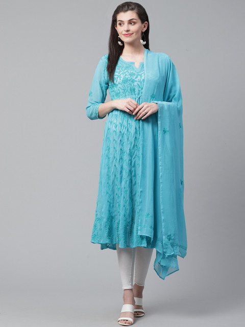

Saadgi Women Blue Chikankari Embroidered Anarkali Kurta With Dupatta