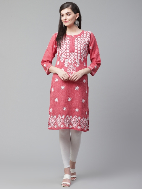

Saadgi Women Red & White Chikankari Embroidered Straight Kurta