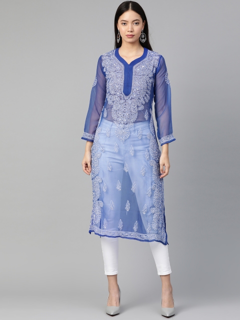 

Saadgi Women Navy Blue Chikankari Embroidered Handloom Straight Kurta