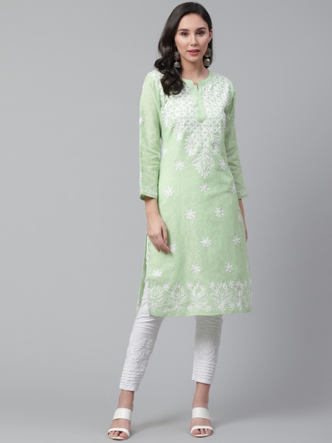 

Saadgi Women Green & White Chikankari Embroidered Straight Kurta