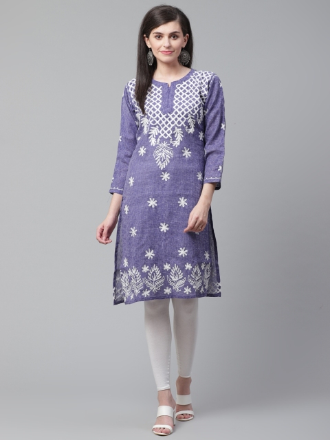 

Saadgi Women Navy Blue & White Aari Embroidered Handloom Straight Kurta