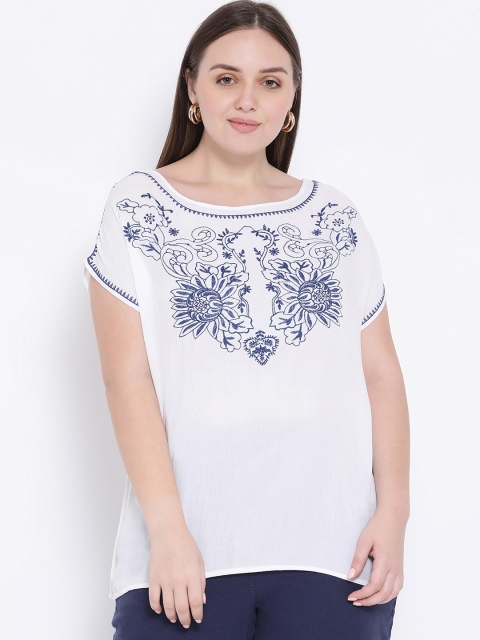

Oxolloxo Women White & Blue Embroidered Top