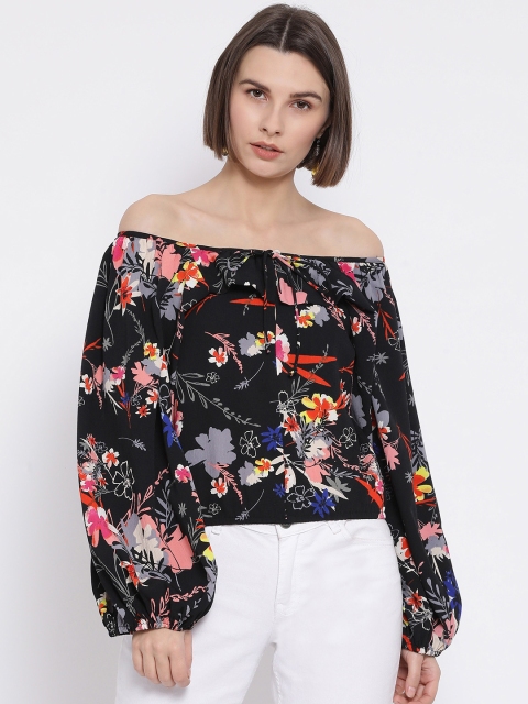 

Oxolloxo Women Black Printed Crop Bardot Top