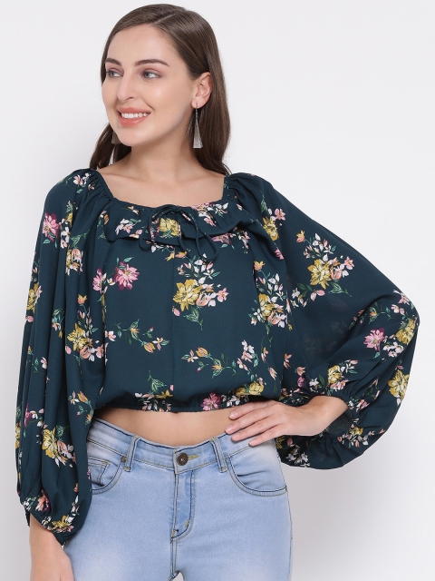 

Oxolloxo Women Teal Blue Printed Crop Blouson Top