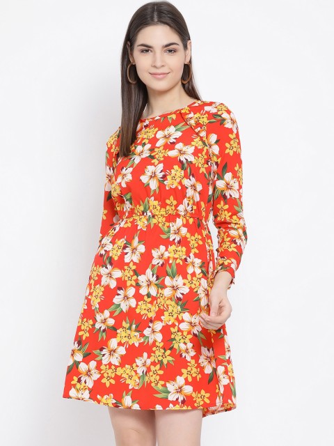 

Oxolloxo Women Orange Printed Fit and Flare Dress