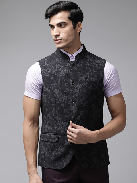 

Blackberrys Men Black & Grey Slim Fit Floral Print Single-Breasted Nehru Jacket