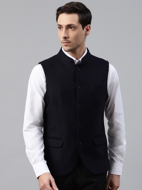 

Blackberrys Men Navy Blue Textured Slim Fit Smart Casual Nehru Jacket
