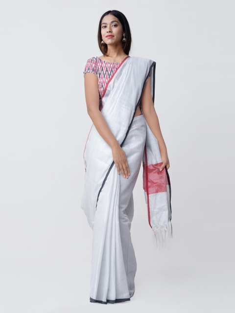 

Unnati Silks White & Pink Silk Cotton Woven Design Banarasi Sustainable Saree