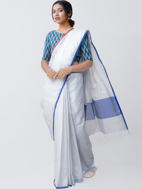 

Unnati Silks White Silk Cotton Solid Banarasi Handloom Sustainable Saree