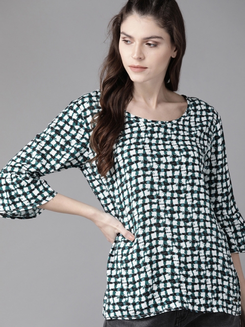 

Roadster Women White & Teal Blue Checked Top