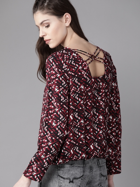 

Roadster Women Maroon & Black Printed Styled Back Top